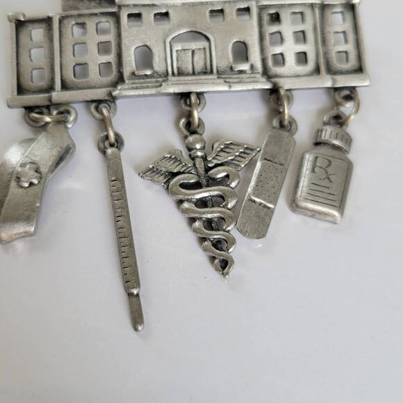 Vintage 80s Jonette Jewelry Hospital Nurse Brooch Lapel Pin Pewter Silver Charms - Picture 3 of 7